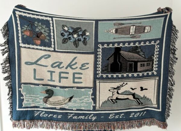 This Lake Life Woven Blanket is perfect as lake gift.