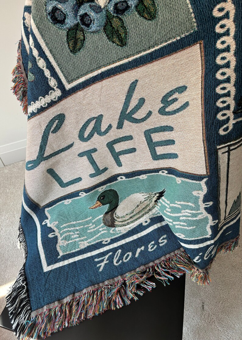 This Lake Life Woven Blanket is perfect as lake gift.