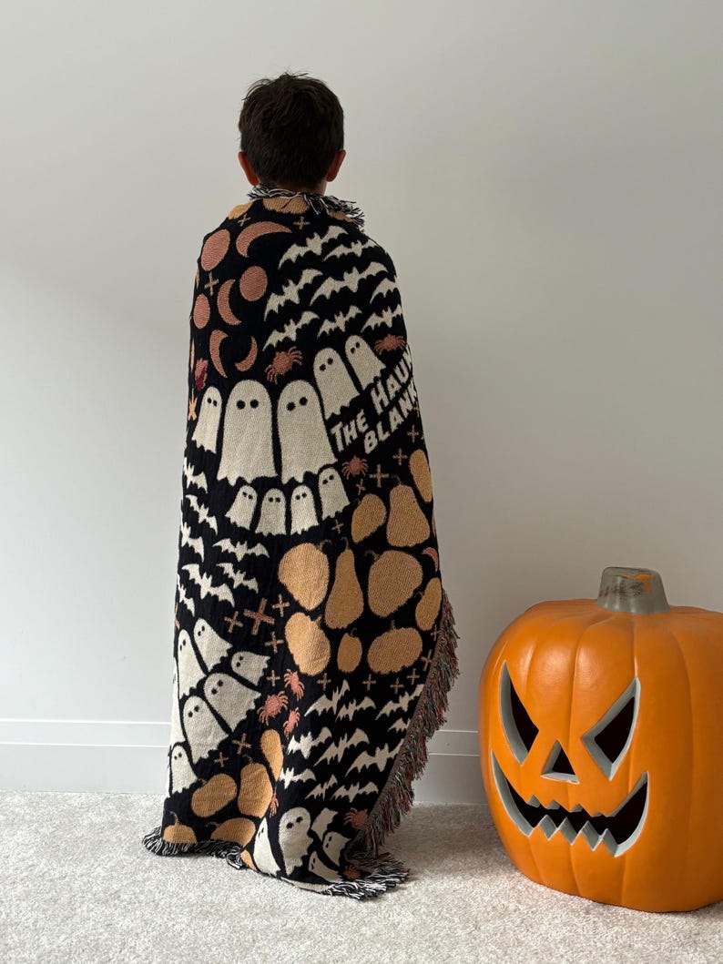 Personalized Halloween Woven Blanket - 100% cotton - featuring Ghosts, Bats, Spiders, Pumpkins - Personalized Text - Unique gift & Halloween Decor