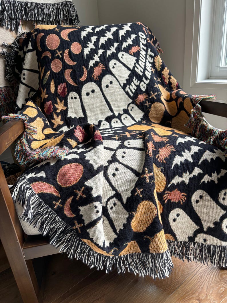 Personalized Halloween Woven Blanket - 100% cotton - featuring Ghosts, Bats, Spiders, Pumpkins - Personalized Text - Unique gift & Halloween Decor