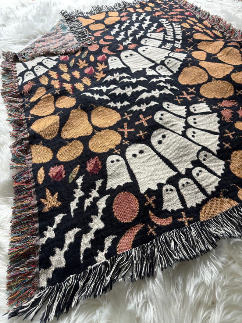 Personalized Halloween Woven Blanket - 100% cotton - featuring Ghosts, Bats, Spiders, Pumpkins - Personalized Text - Unique gift & Halloween Decor