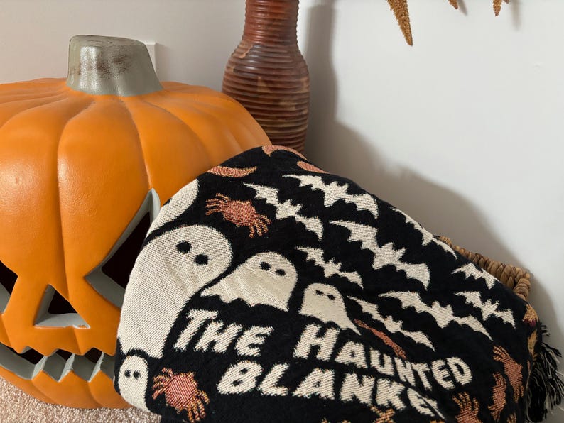 Personalized Halloween Woven Blanket - 100% cotton - featuring Ghosts, Bats, Spiders, Pumpkins - Personalized Text - Unique gift & Halloween Decor