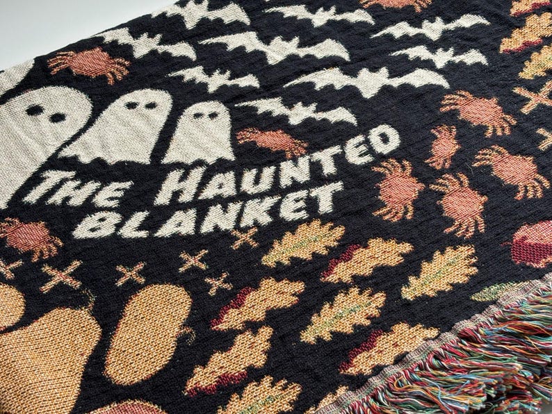 Personalized Halloween Woven Blanket - 100% cotton - featuring Ghosts, Bats, Spiders, Pumpkins - Personalized Text - Unique gift & Halloween Decor
