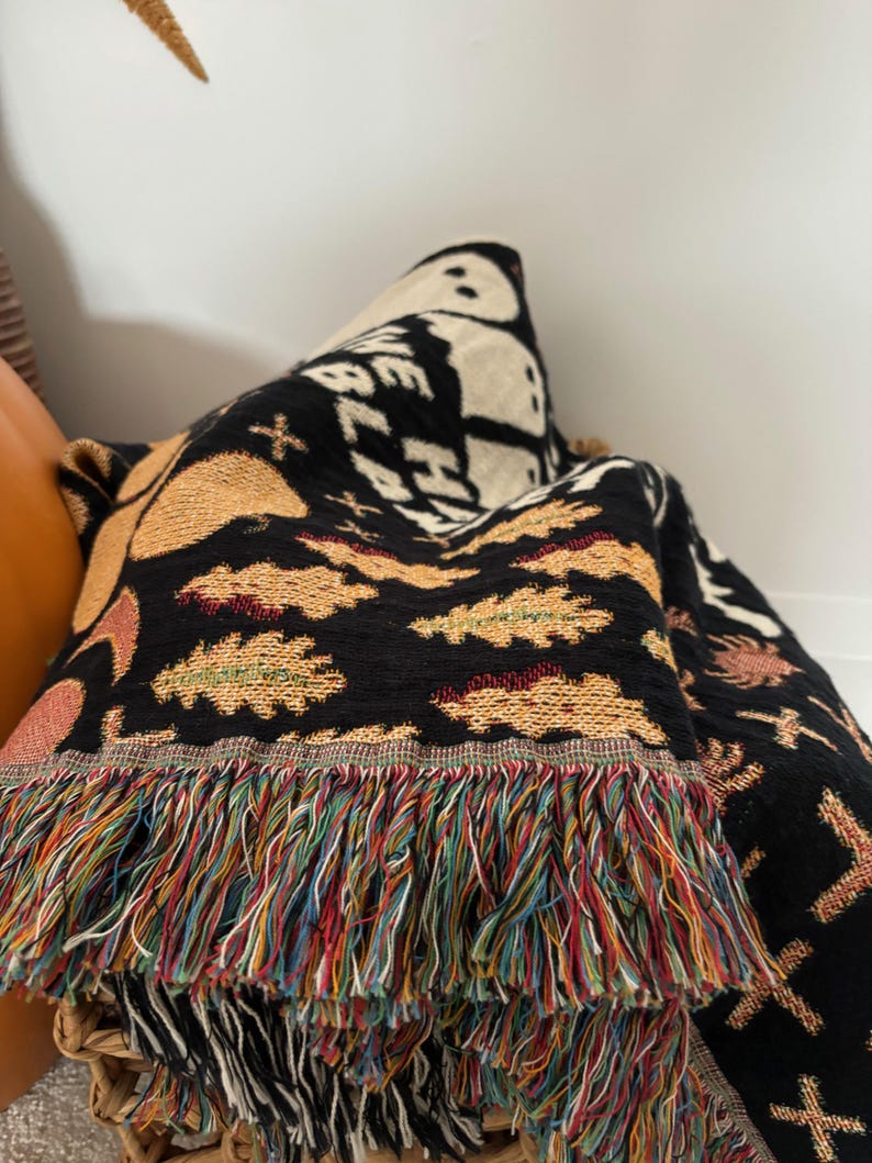 Personalized Halloween Woven Blanket - 100% cotton - featuring Ghosts, Bats, Spiders, Pumpkins - Personalized Text - Unique gift & Halloween Decor