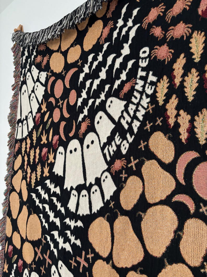 Personalized Halloween Woven Blanket - 100% cotton - featuring Ghosts, Bats, Spiders, Pumpkins - Personalized Text - Unique gift & Halloween Decor