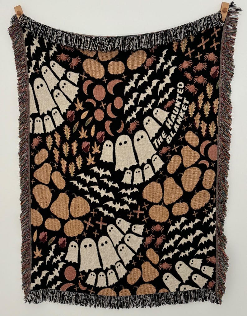 Personalized Halloween Woven Blanket - 100% cotton - featuring Ghosts, Bats, Spiders, Pumpkins - Personalized Text - Unique gift & Halloween Decor