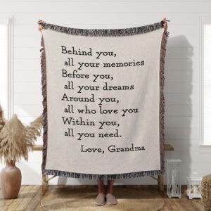 100% Cotton Behind You Woven Blanket featuring inspirational Quote. Graduation Gift Idea, Gift for Granddaughter, Motivational Gift and more!!