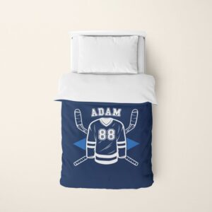 Hockey Duvet Cover, Personalized Hockey Gift for Son, Hockey Kid Decor Bedroom, Custom Name, Personalized Number, Blue Navy Kids Hockey