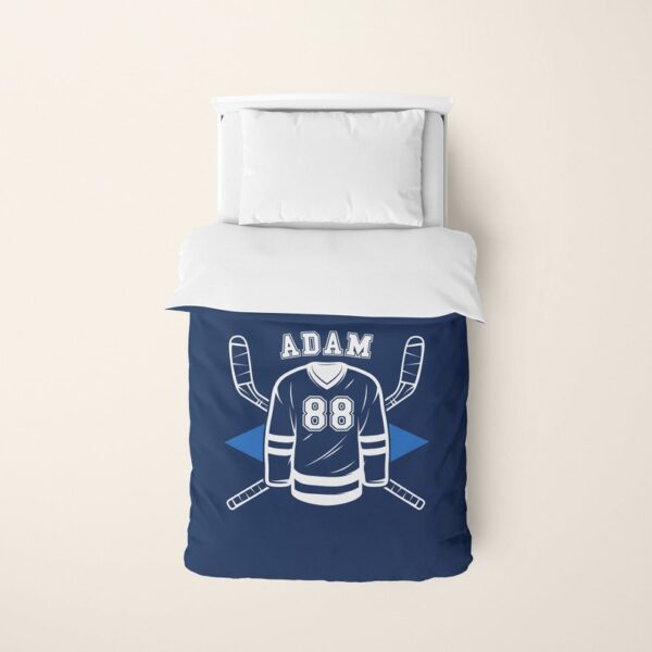 Hockey Duvet Cover, Personalized Hockey Gift for Son, Hockey Kid Decor Bedroom, Custom Name, Personalized Number, Blue Navy Kids Hockey