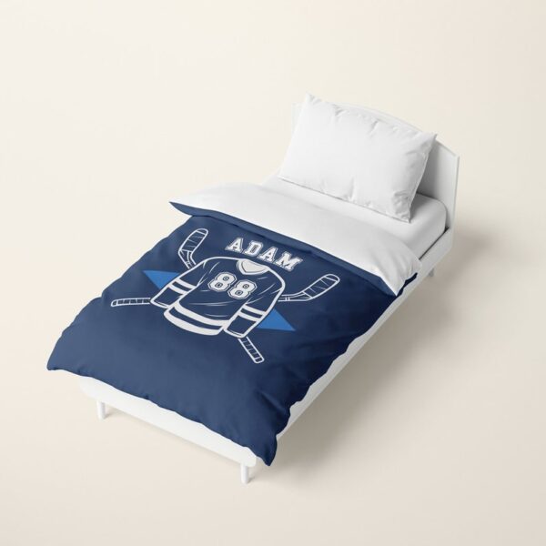 Hockey Duvet Cover, Personalized Hockey Gift for Son, Hockey Kid Decor Bedroom, Custom Name, Personalized Number, Blue Navy Kids Hockey