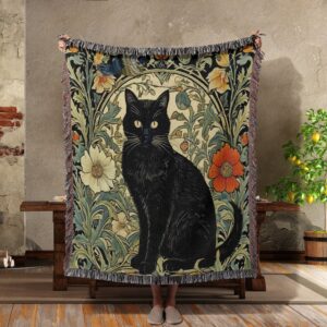 Black Cat Woven Blanket Gothic Decor, Dark Floral Black Cat Wall Tapestry, Goth Decor, Black Cat Keepsake, Black Cat Gifts, Cat In a Garden