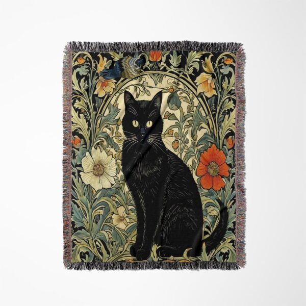 Black Cat Woven Blanket Gothic Decor, Dark Floral Black Cat Wall Tapestry, Goth Decor, Black Cat Keepsake, Black Cat Gifts, Cat In a Garden