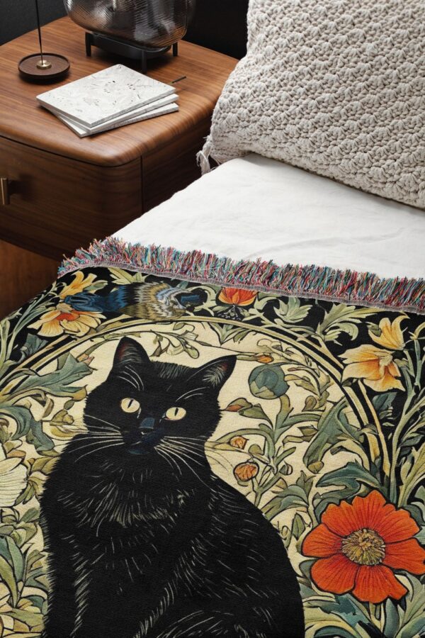 Black Cat Woven Blanket Gothic Decor, Dark Floral Black Cat Wall Tapestry, Goth Decor, Black Cat Keepsake, Black Cat Gifts, Cat In a Garden