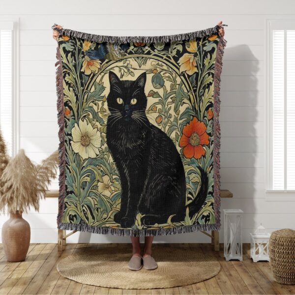 Black Cat Woven Blanket Gothic Decor, Dark Floral Black Cat Wall Tapestry, Goth Decor, Black Cat Keepsake, Black Cat Gifts, Cat In a Garden