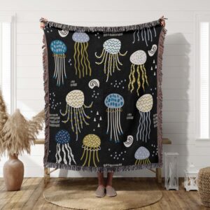 Jellyfish Woven Blanket, Ocean Animal Home Decor - Jellyfish Gifts - Underwater Sea Animal Throw - Marine Sealife Theme for Beach House