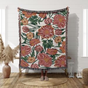 FLOWER THROW BLANKET Boho Floral Handmade Decorative Blanket for Couch Bed Wall Hanging Tapestry Home Decor Housewarming Gift
