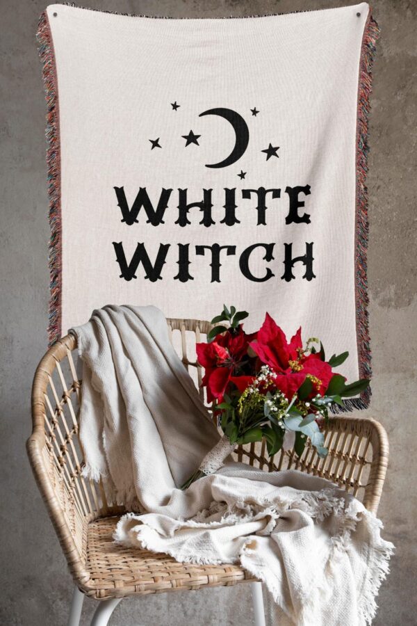 White Witch Woven Blanket - Witchy Christmas Gift - Gift for Magic Lovers - Manifest - Intuitive Healer - Mystical & Soft Home Décor -white witchy, witchy woven blanket, mystical home décor, witchy throw blanket, witch inspired, boho witch blanket, magical home, witchy aesthetic, spiritual woven, white mystical, witchcraft essential, cozy witch décor, enchanted blanket