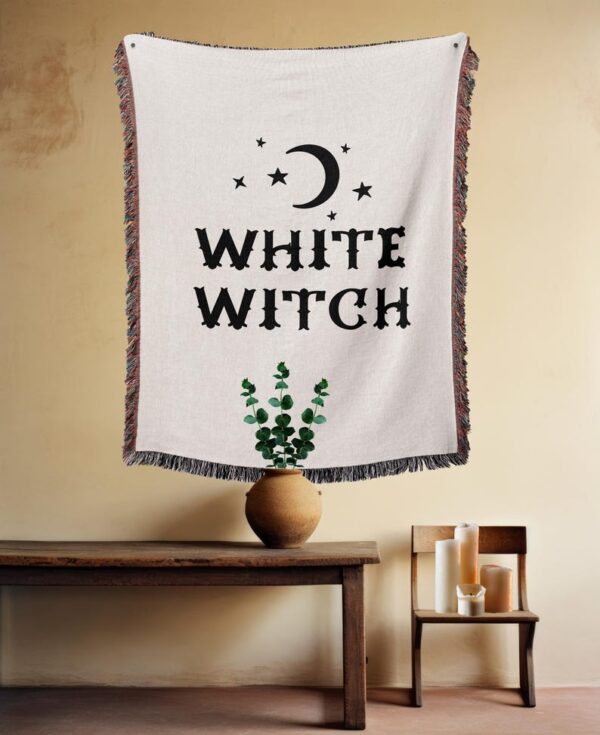 White Witch Woven Blanket - Witchy Christmas Gift - Gift for Magic Lovers - Manifest - Intuitive Healer - Mystical & Soft Home Décor -white witchy, witchy woven blanket, mystical home décor, witchy throw blanket, witch inspired, boho witch blanket, magical home, witchy aesthetic, spiritual woven, white mystical, witchcraft essential, cozy witch décor, enchanted blanket