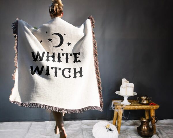 White Witch Woven Blanket - Witchy Christmas Gift - Gift for Magic Lovers - Manifest - Intuitive Healer - Mystical & Soft Home Décor -white witchy, witchy woven blanket, mystical home décor, witchy throw blanket, witch inspired, boho witch blanket, magical home, witchy aesthetic, spiritual woven, white mystical, witchcraft essential, cozy witch décor, enchanted blanket
